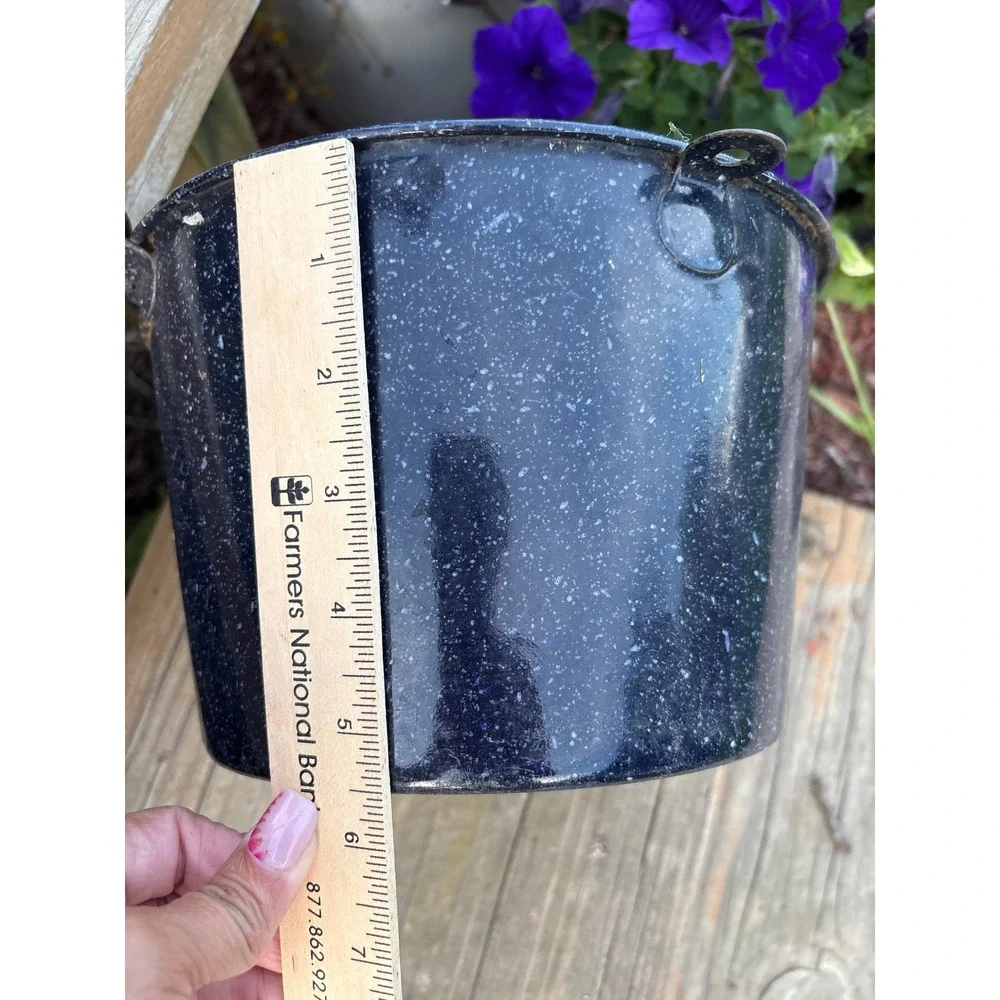 Vintage Cobalt Blue Speckled Enamelware Farmhouse Wire Handle Berry Pail 6 inch
